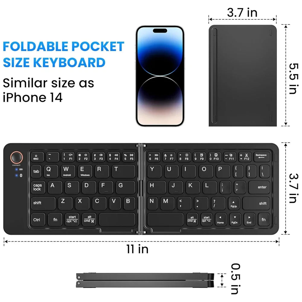 B023 Folding Keyboard, Foldable Bluetooth Keyboard with PU Leather Cover, Ergonomic Design, Tri-Device Connection, USB-C Charge