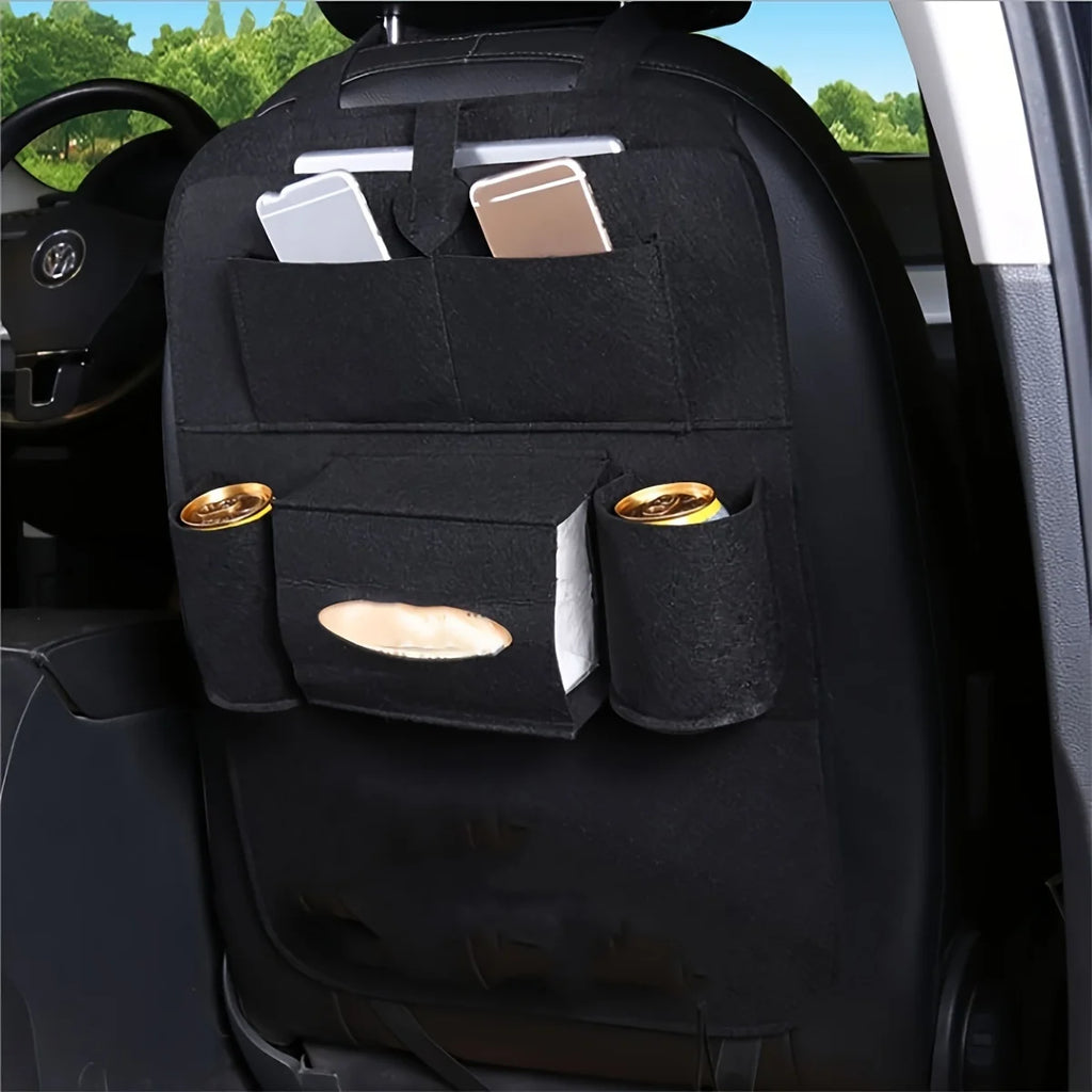 Black Felt Car Organizer Bag, Vehicle Seat Back Storage Pouch with Multiple Pockets, 1-Pack