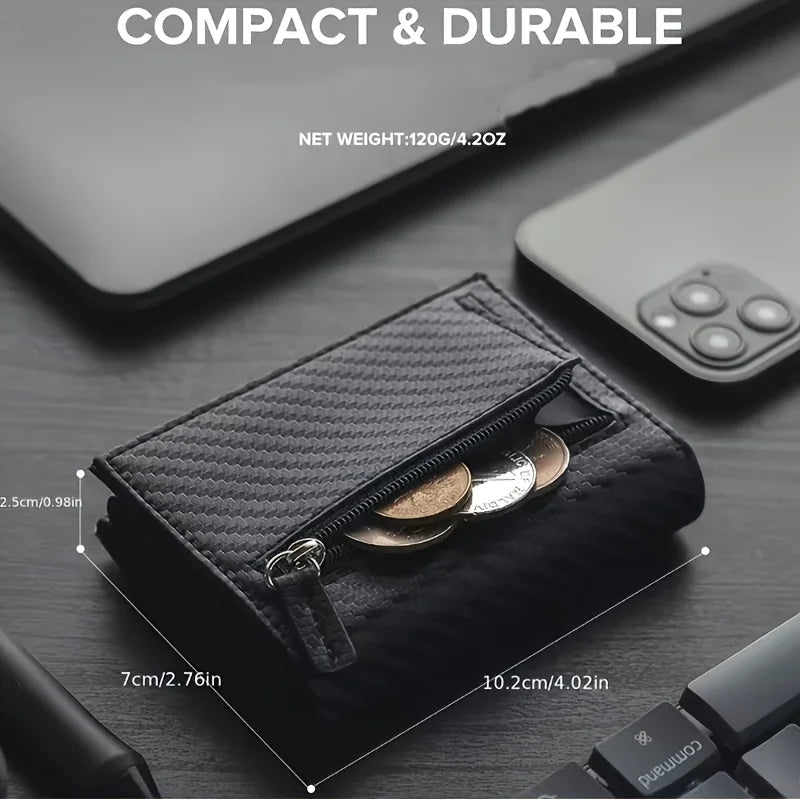 Stylish Pop-Up Wallet Black Carbon Fiber and Aluminum Credit Card Holder, Carbon Fiber Microfiber Synthetic Leather Slot and RFI