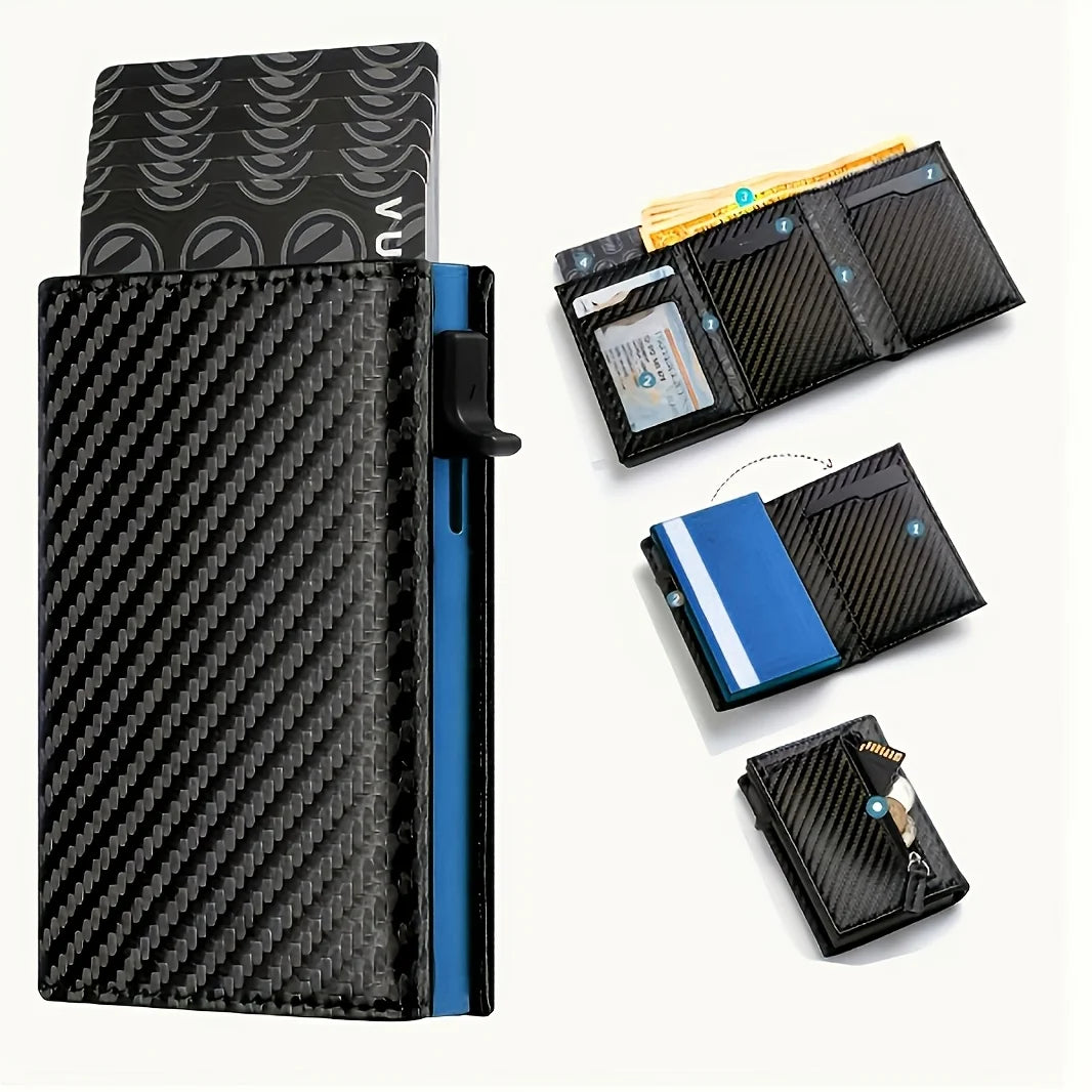 Stylish Pop-Up Wallet Black Carbon Fiber and Aluminum Credit Card Holder, Carbon Fiber Microfiber Synthetic Leather Slot and RFI
