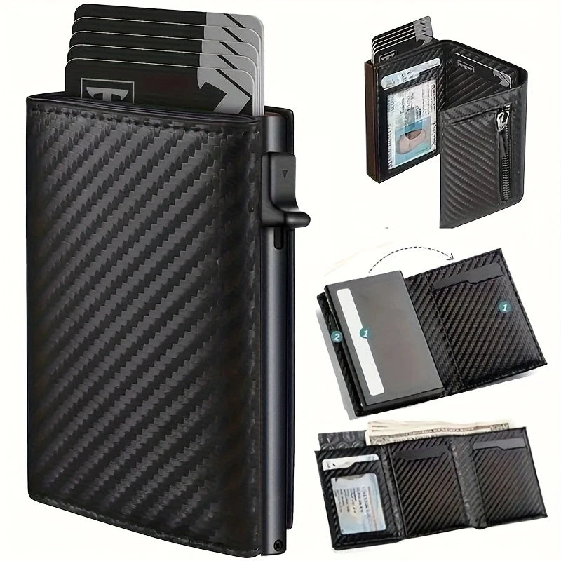 Stylish Pop-Up Wallet Black Carbon Fiber and Aluminum Credit Card Holder, Carbon Fiber Microfiber Synthetic Leather Slot and RFI