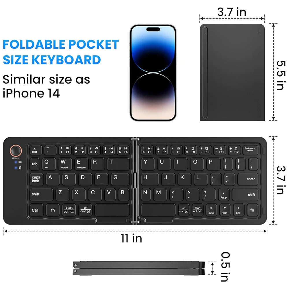 B023 Folding Keyboard, Foldable Bluetooth Keyboard with PU Leather Cover, Ergonomic Design, Tri-Device Connection, USB-C Charge