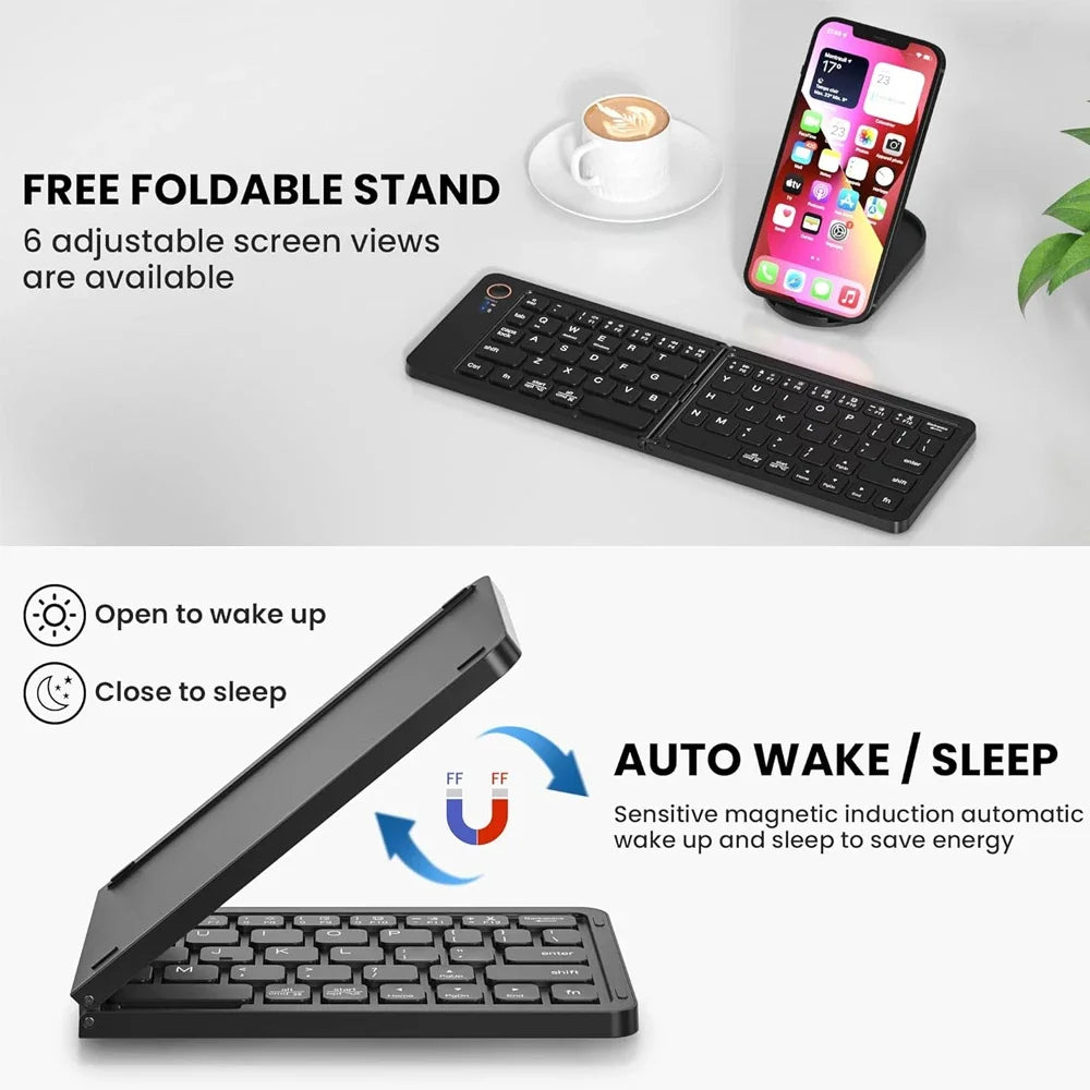 B023 Folding Keyboard, Foldable Bluetooth Keyboard with PU Leather Cover, Ergonomic Design, Tri-Device Connection, USB-C Charge