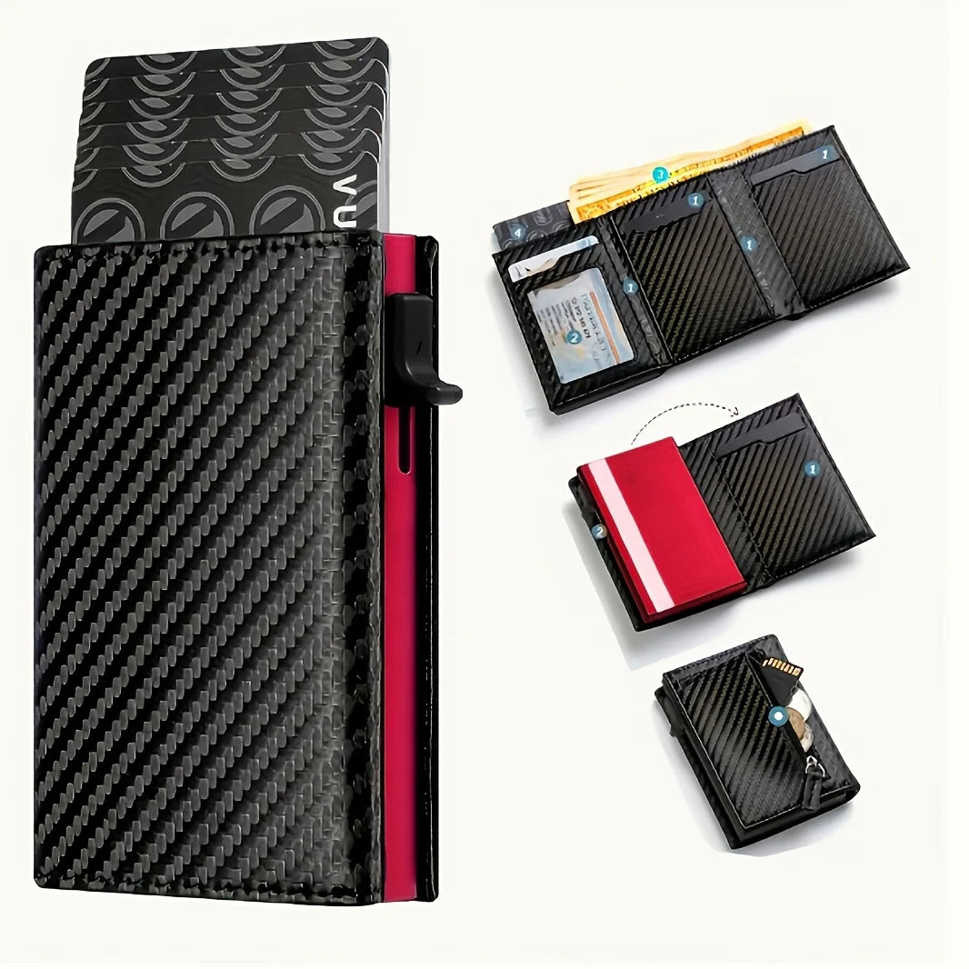 Stylish Pop-Up Wallet Black Carbon Fiber and Aluminum Credit Card Holder, Carbon Fiber Microfiber Synthetic Leather Slot and RFI