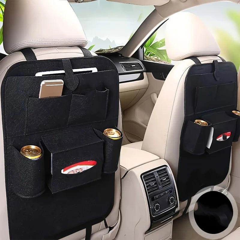 Black Felt Car Organizer Bag, Vehicle Seat Back Storage Pouch with Multiple Pockets, 1-Pack