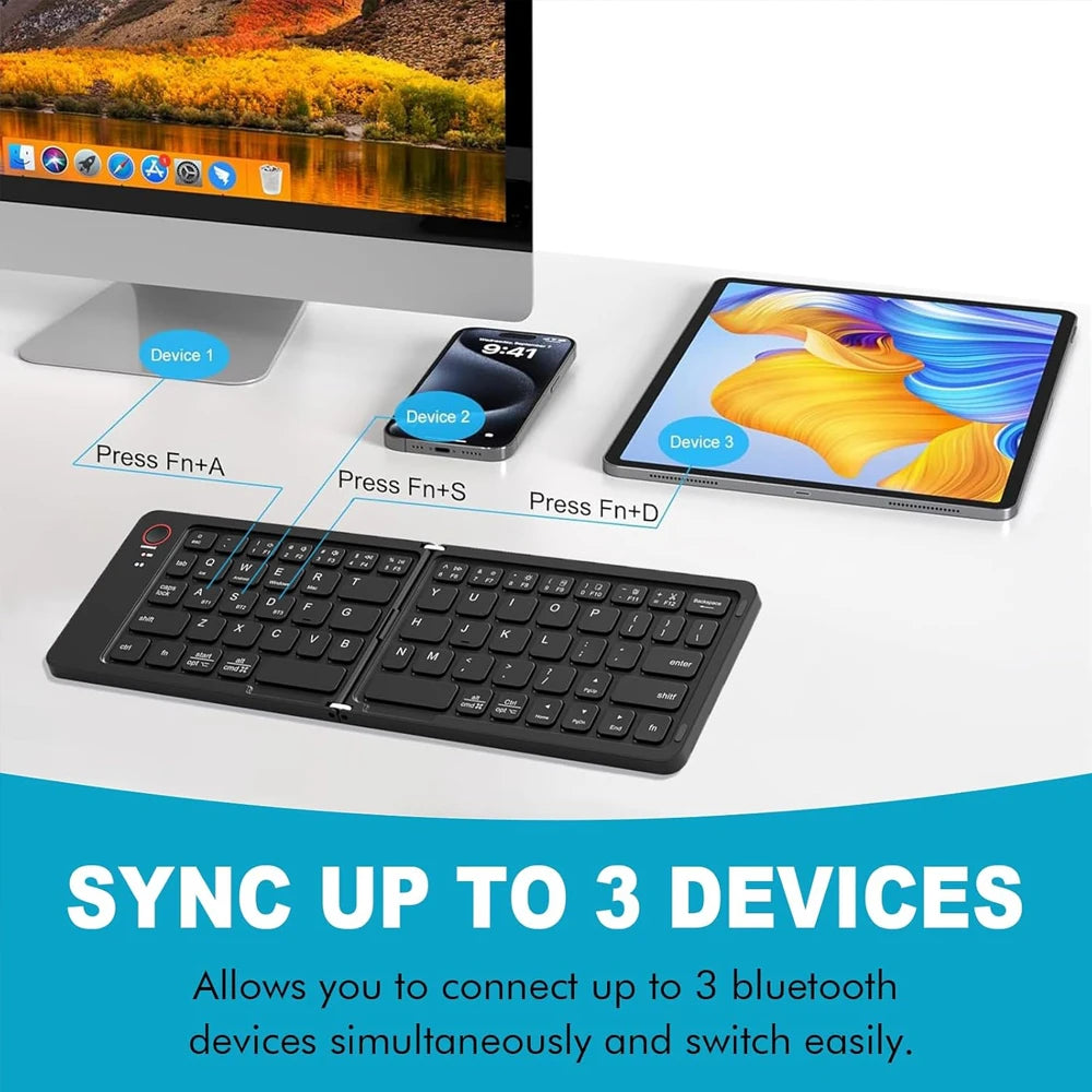 B023 Folding Keyboard, Foldable Bluetooth Keyboard with PU Leather Cover, Ergonomic Design, Tri-Device Connection, USB-C Charge