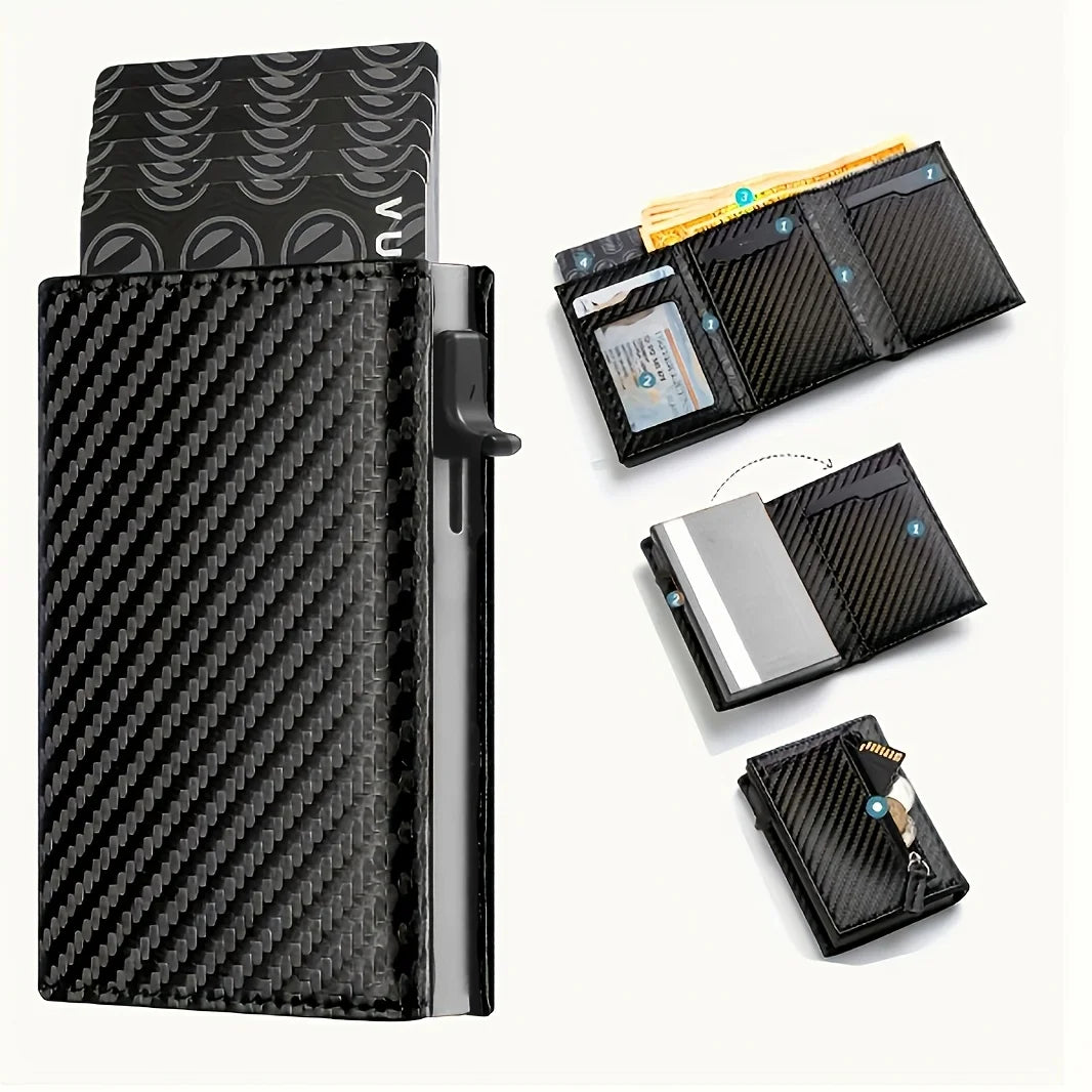 Stylish Pop-Up Wallet Black Carbon Fiber and Aluminum Credit Card Holder, Carbon Fiber Microfiber Synthetic Leather Slot and RFI