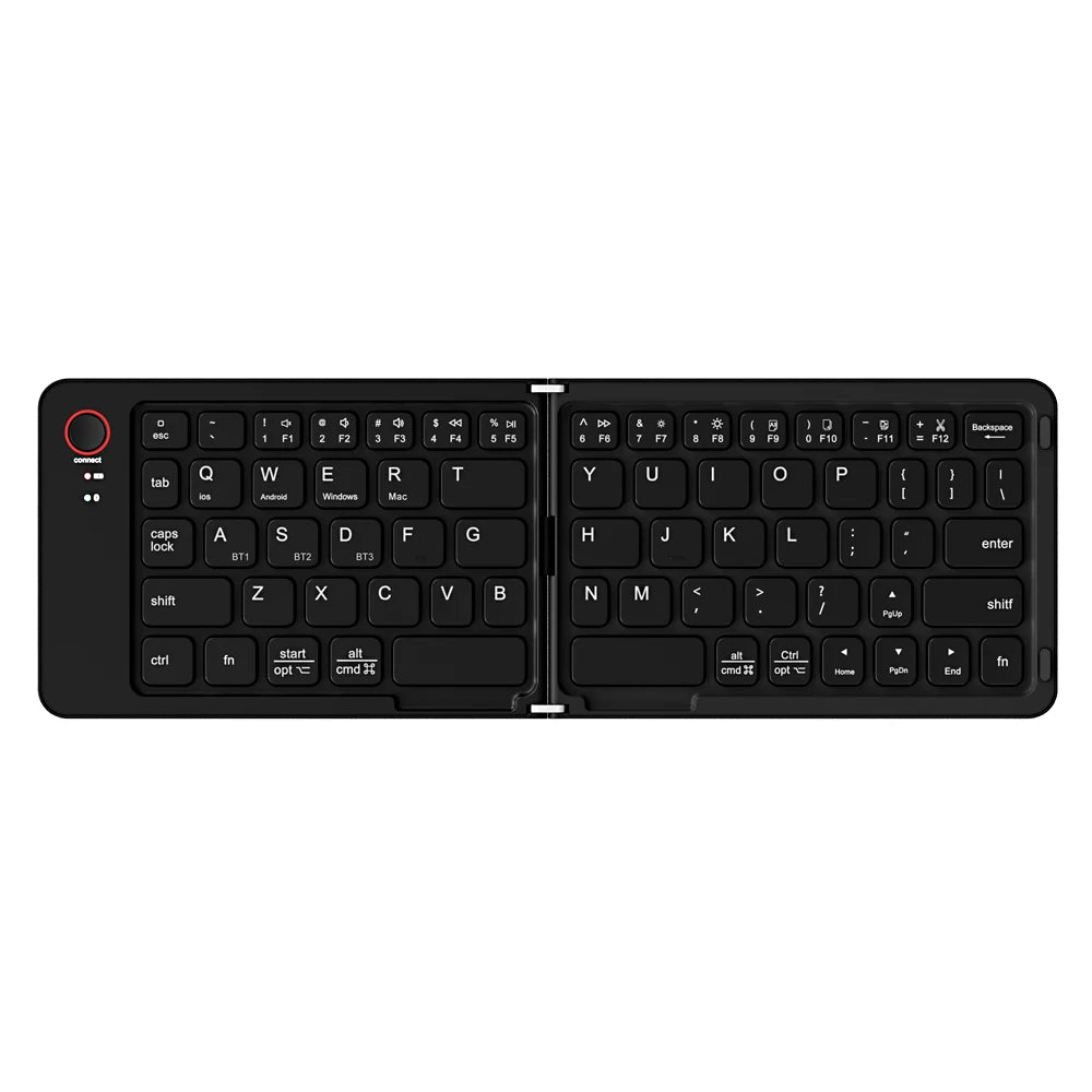 B023 Folding Keyboard, Foldable Bluetooth Keyboard with PU Leather Cover, Ergonomic Design, Tri-Device Connection, USB-C Charge