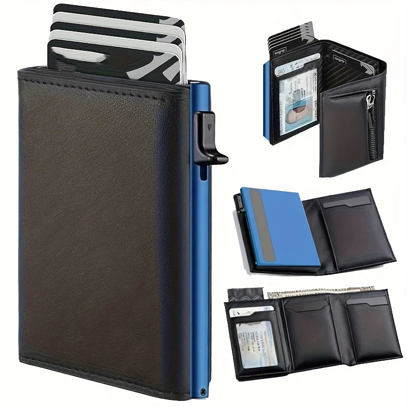 Stylish Pop-Up Wallet Black Carbon Fiber and Aluminum Credit Card Holder, Carbon Fiber Microfiber Synthetic Leather Slot and RFI