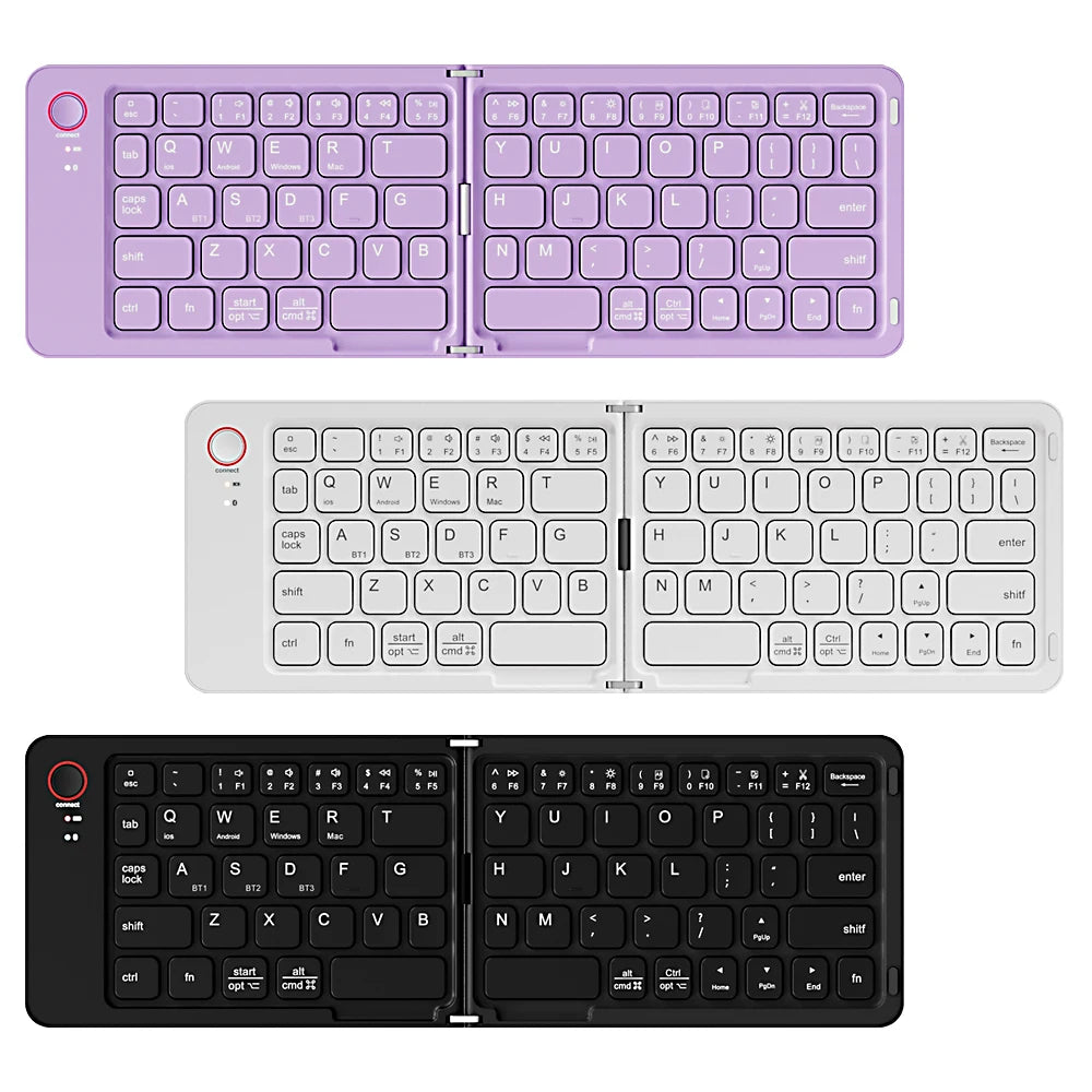 B023 Folding Keyboard, Foldable Bluetooth Keyboard with PU Leather Cover, Ergonomic Design, Tri-Device Connection, USB-C Charge