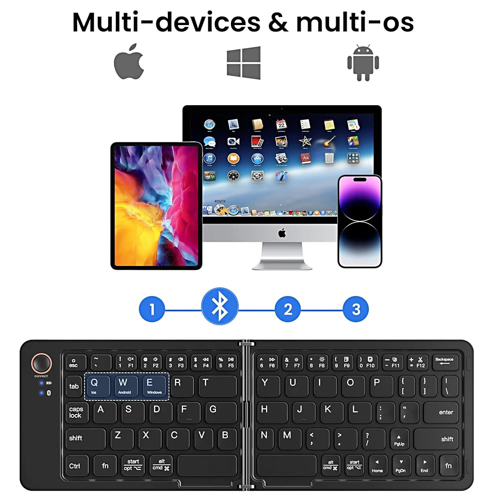 B023 Folding Keyboard, Foldable Bluetooth Keyboard with PU Leather Cover, Ergonomic Design, Tri-Device Connection, USB-C Charge