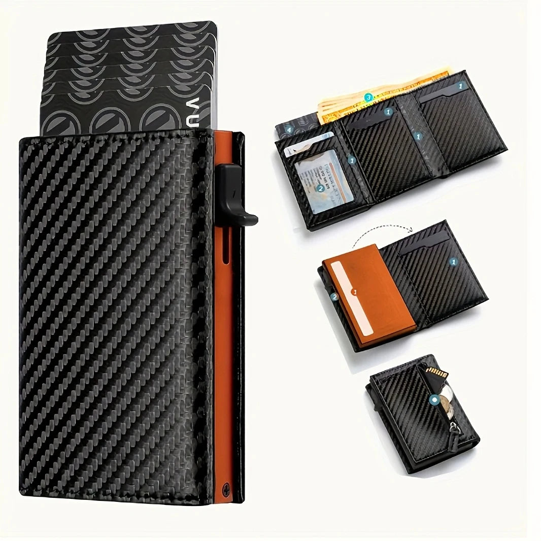 Stylish Pop-Up Wallet Black Carbon Fiber and Aluminum Credit Card Holder, Carbon Fiber Microfiber Synthetic Leather Slot and RFI