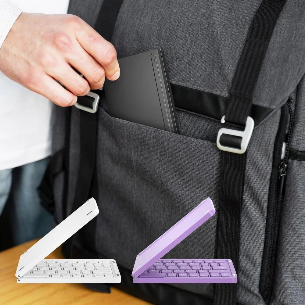 B023 Folding Keyboard, Foldable Bluetooth Keyboard with PU Leather Cover, Ergonomic Design, Tri-Device Connection, USB-C Charge