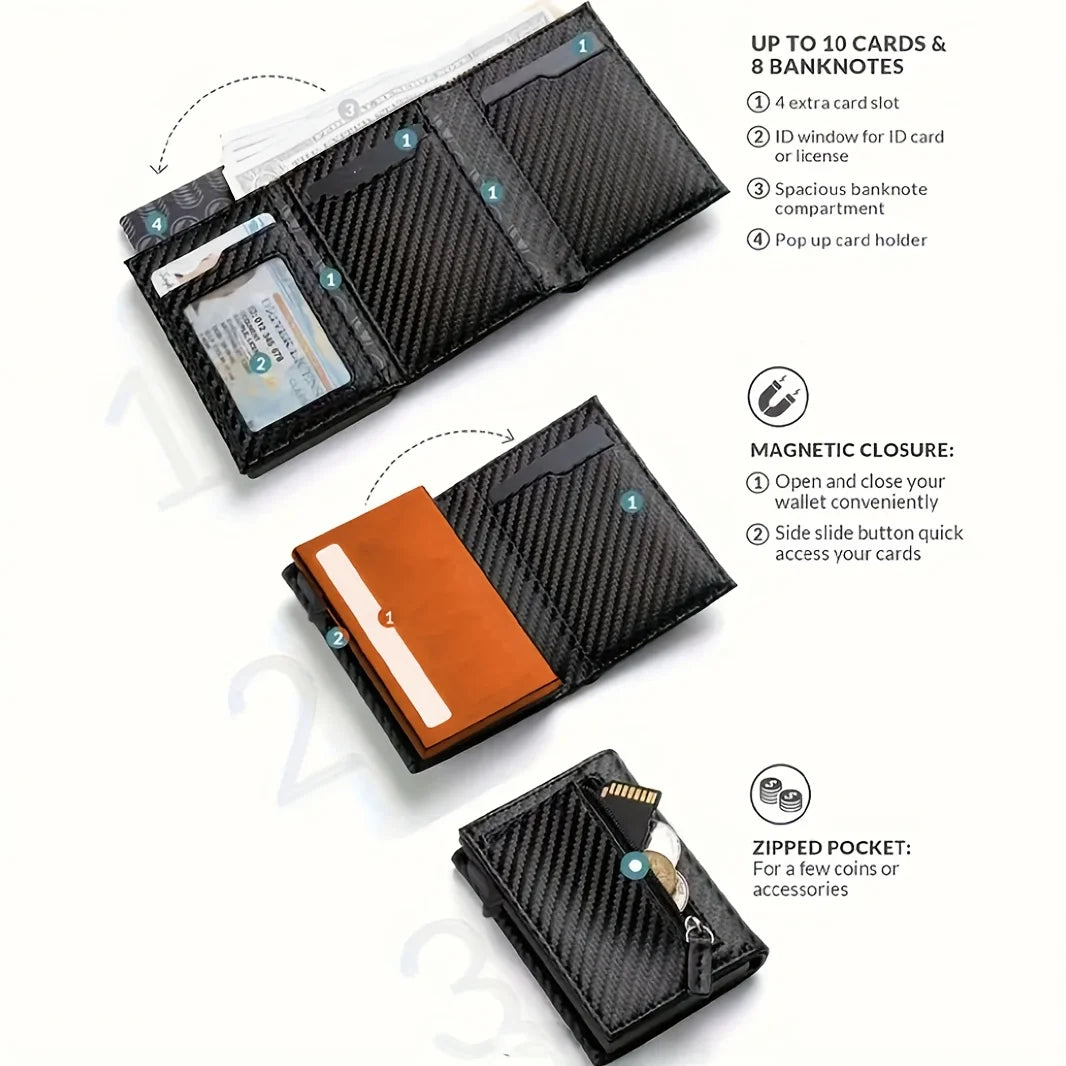 Stylish Pop-Up Wallet Black Carbon Fiber and Aluminum Credit Card Holder, Carbon Fiber Microfiber Synthetic Leather Slot and RFI