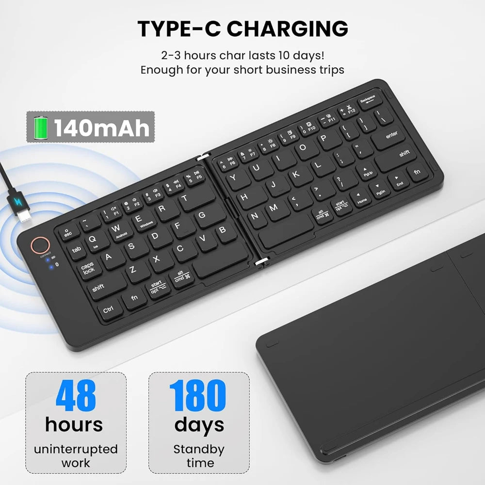 B023 Folding Keyboard, Foldable Bluetooth Keyboard with PU Leather Cover, Ergonomic Design, Tri-Device Connection, USB-C Charge
