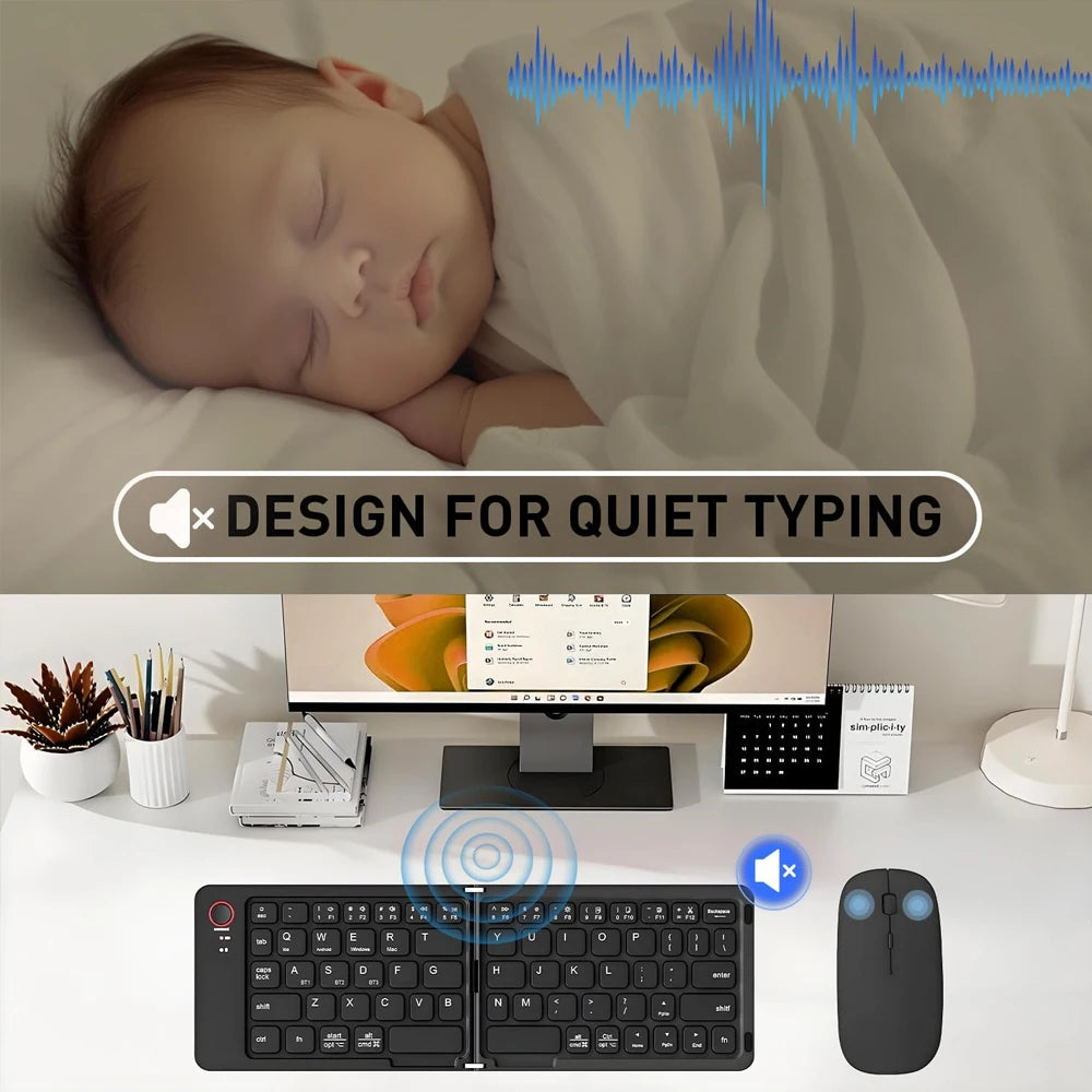 B023 Folding Keyboard, Foldable Bluetooth Keyboard with PU Leather Cover, Ergonomic Design, Tri-Device Connection, USB-C Charge