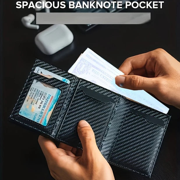 Stylish Pop-Up Wallet Black Carbon Fiber and Aluminum Credit Card Holder, Carbon Fiber Microfiber Synthetic Leather Slot and RFI
