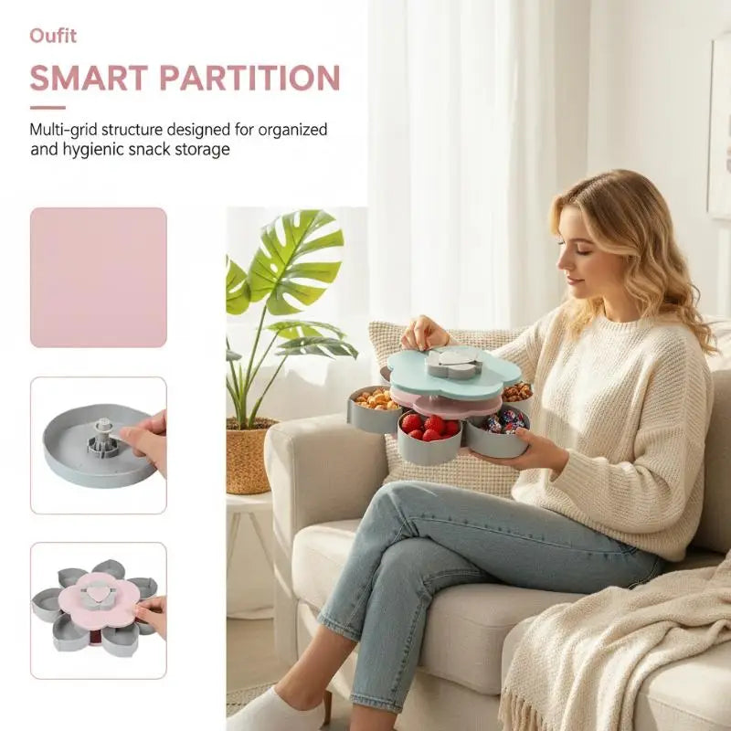 Snack Storage Box, Rotating Candy Box Petal Shape Food Snack Storage Box, Food Fruit Storage Box