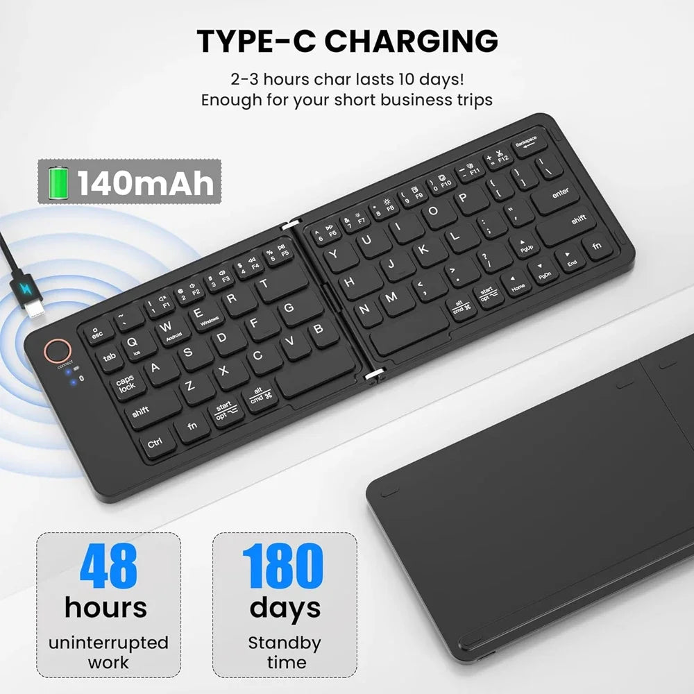 B023 Folding Keyboard, Foldable Bluetooth Keyboard with PU Leather Cover, Ergonomic Design, Tri-Device Connection, USB-C Charge