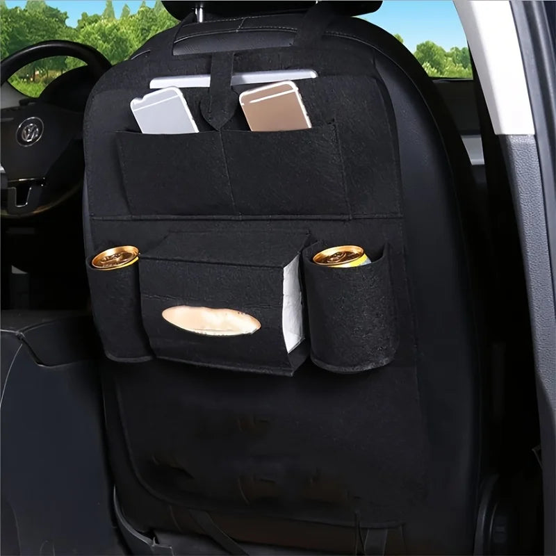 Black Felt Car Organizer Bag, Vehicle Seat Back Storage Pouch with Multiple Pockets, 1-Pack